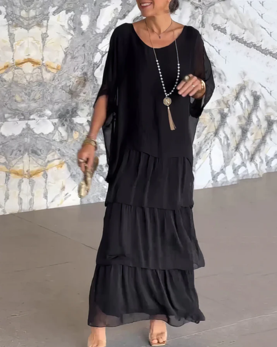 Versatile women's flowy boho maxi dress set, a layered two-piece for elegant summer vacations & casual chic.