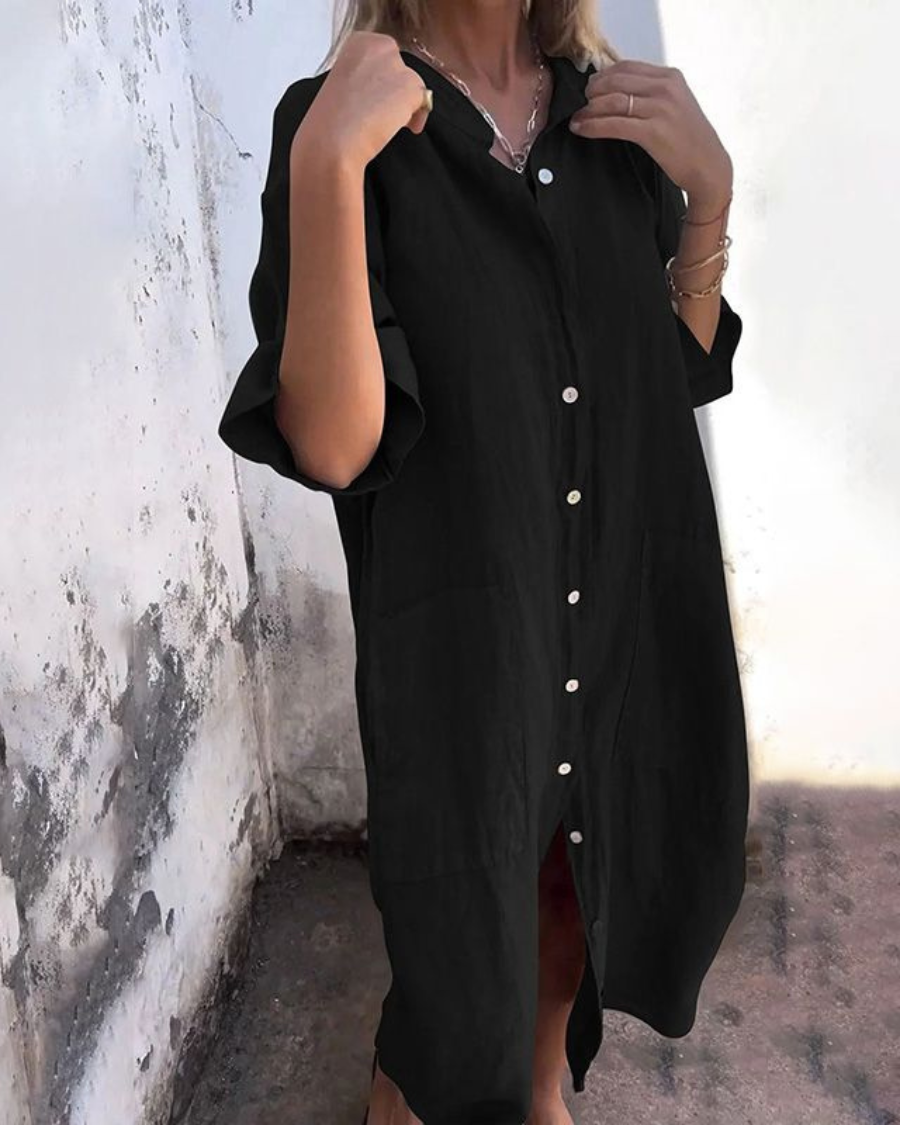 Boho midi shirt dress for women, featuring a loose, flowy design & adjustable waist for a comfortable fit.