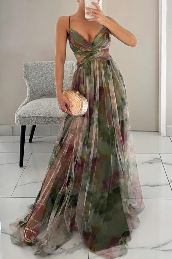 Elegant orange & green floral maxi dress. Comfortable bohemian style for women.