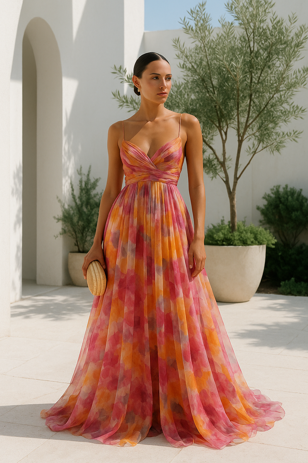 Summer casual flowy maxi dress with vibrant floral print. Vacation-ready women's wear.