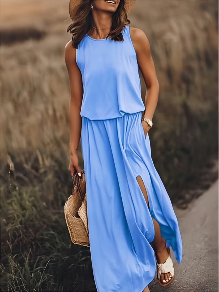 Sleeveless women's maxi dress for casual summer days, beach trips, or vacation. Comfortable & effortless style.