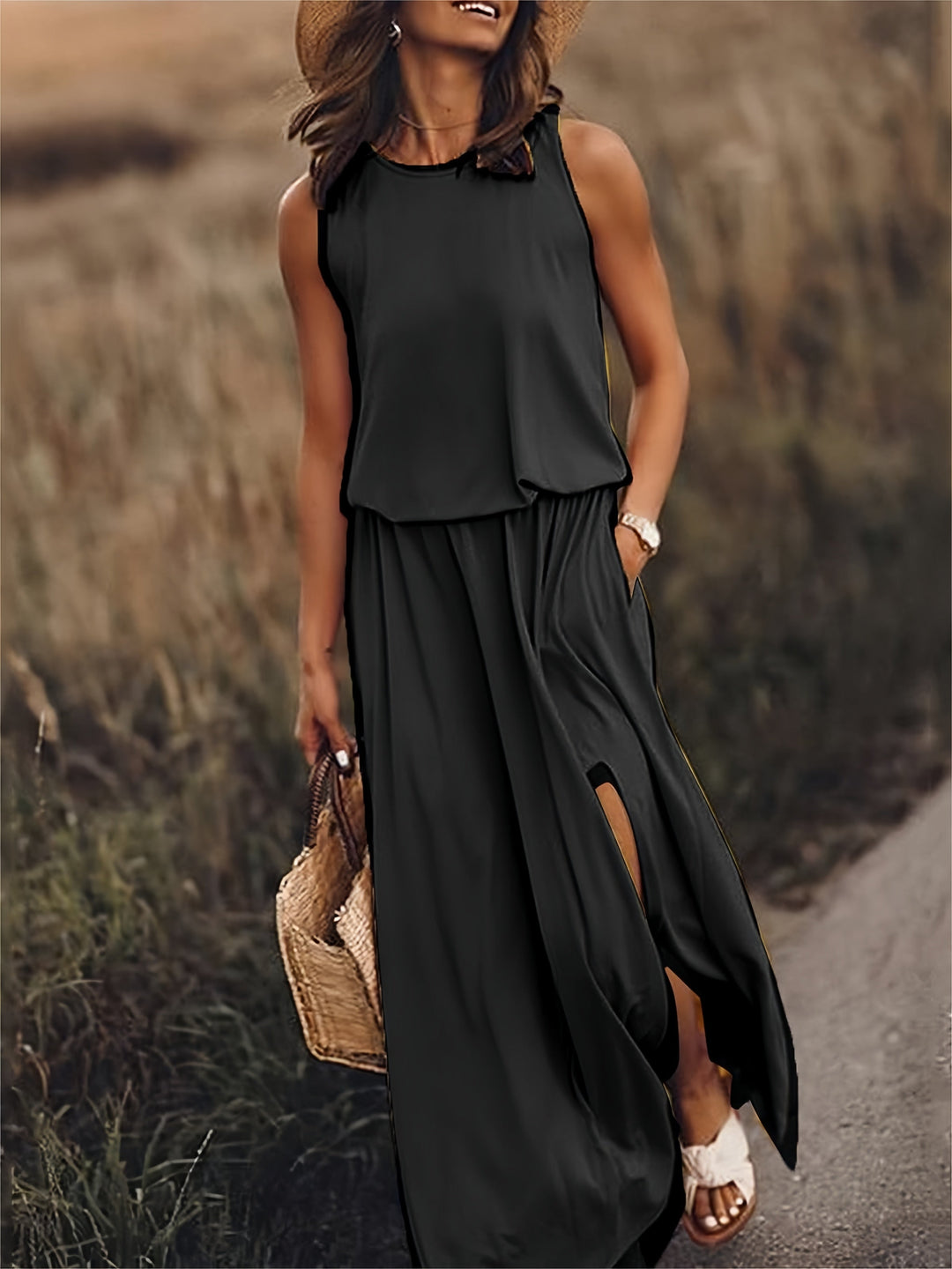 Comfortable women's flowy maxi dress, perfect for warm weather. Includes side slit & handy pockets for ease.