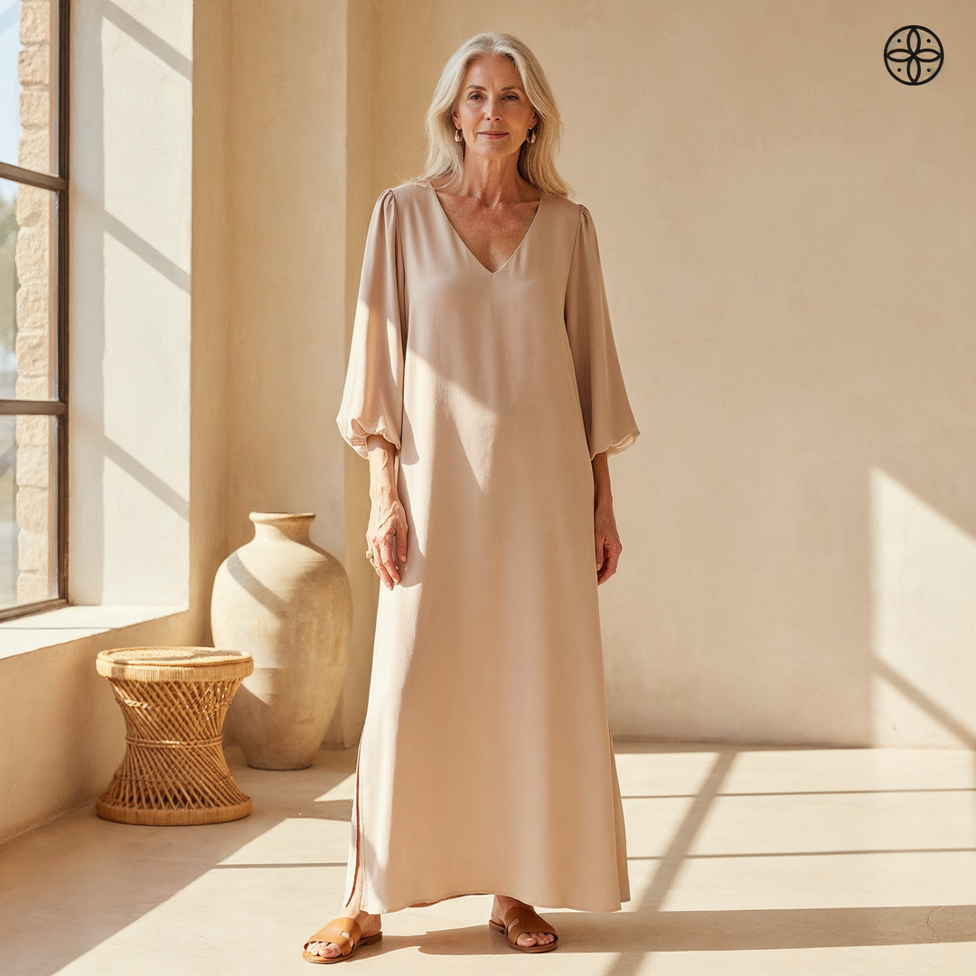 Women's flowy maxi dress with V-neck, elegant balloon sleeves, and convenient pockets for casual summer wear.