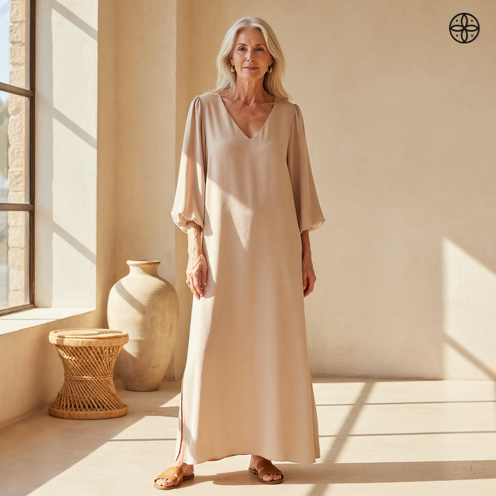 Women's flowy maxi dress with V-neck, elegant balloon sleeves, and convenient pockets for casual summer wear.