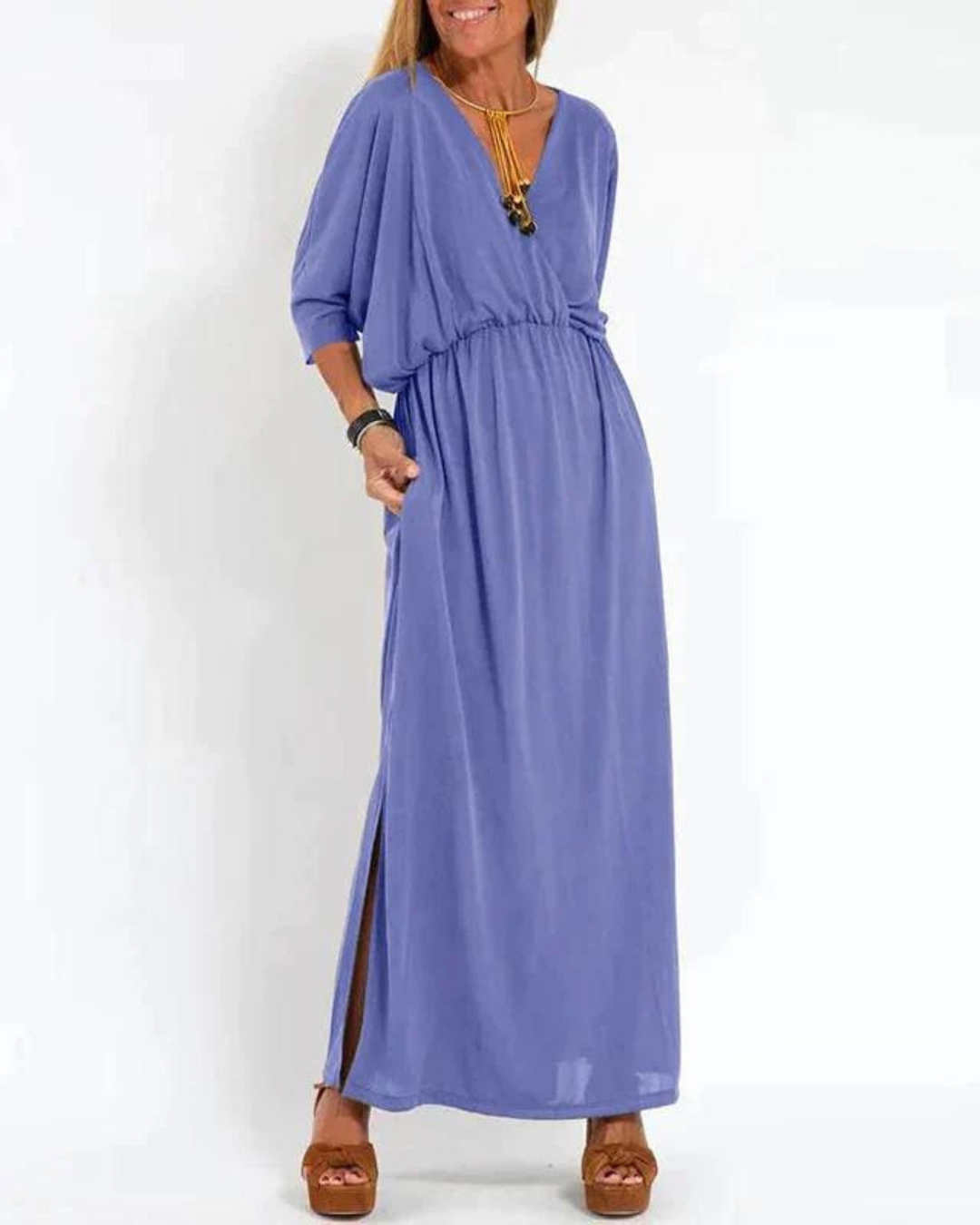 Versatile women's long flowy dress with adjustable shoulder straps, comfortable & chic.