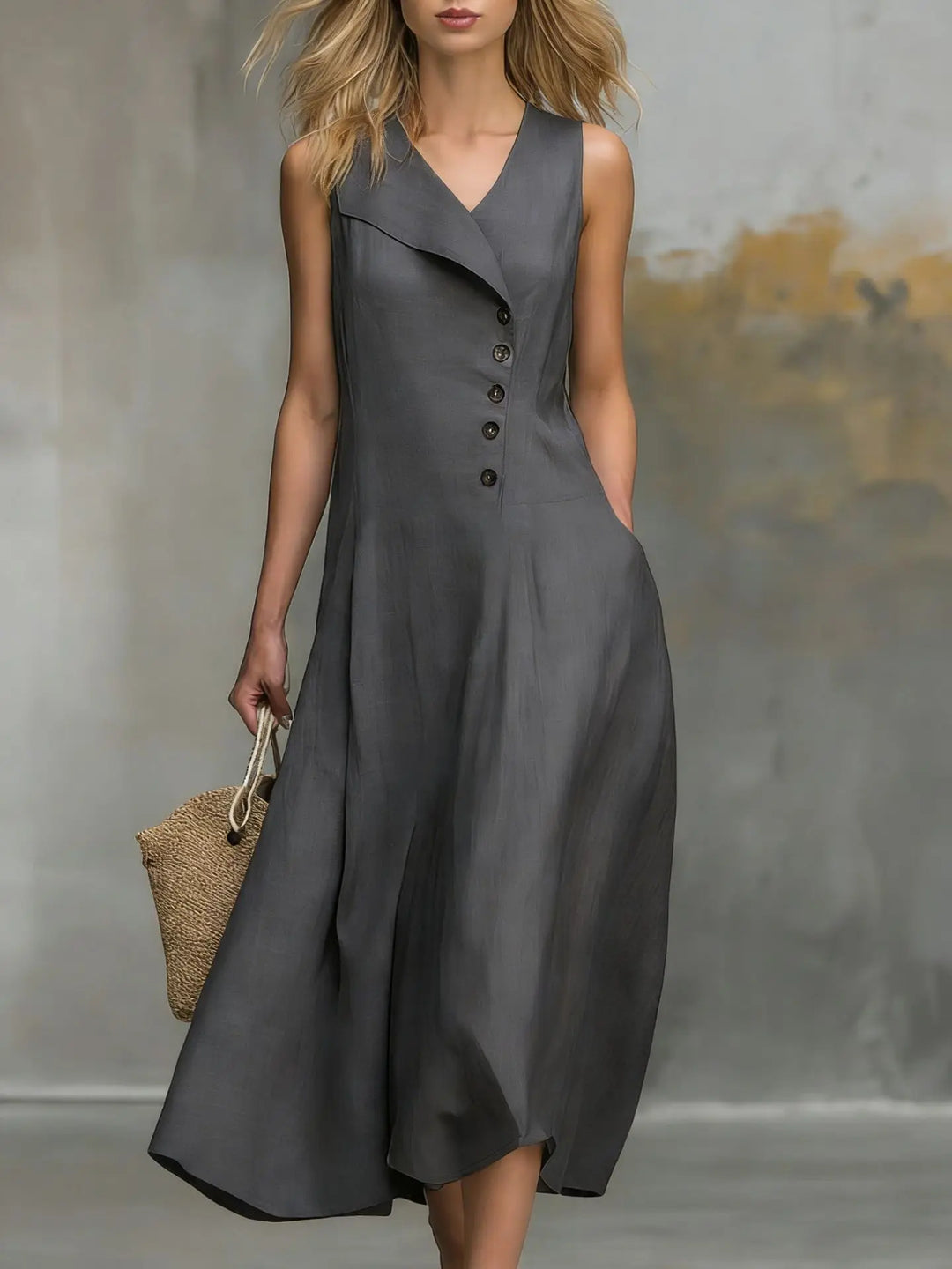 Sleeveless flowy midi dress for women, featuring a stylish button detail and V-neck. Ideal for summer fashion.