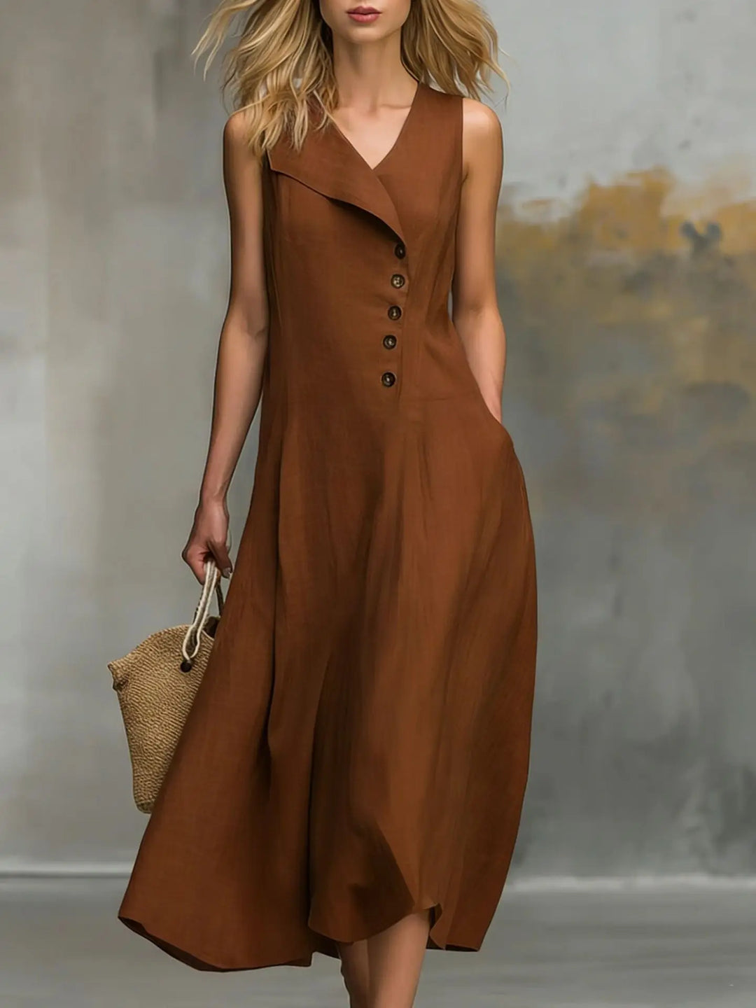 Casual women's flowy midi dress with practical pockets, button detail, and flattering V-neck. Everyday comfort.