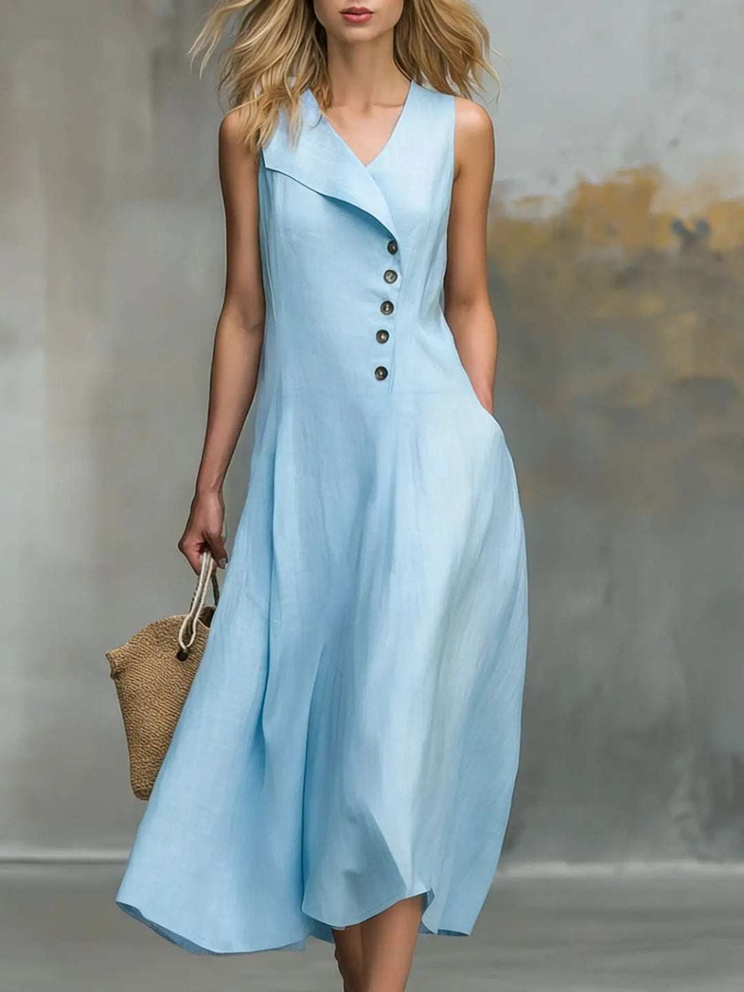 Versatile women's sleeveless midi dress with button detail, V-neck, and flowy silhouette. Great for spring/summer.