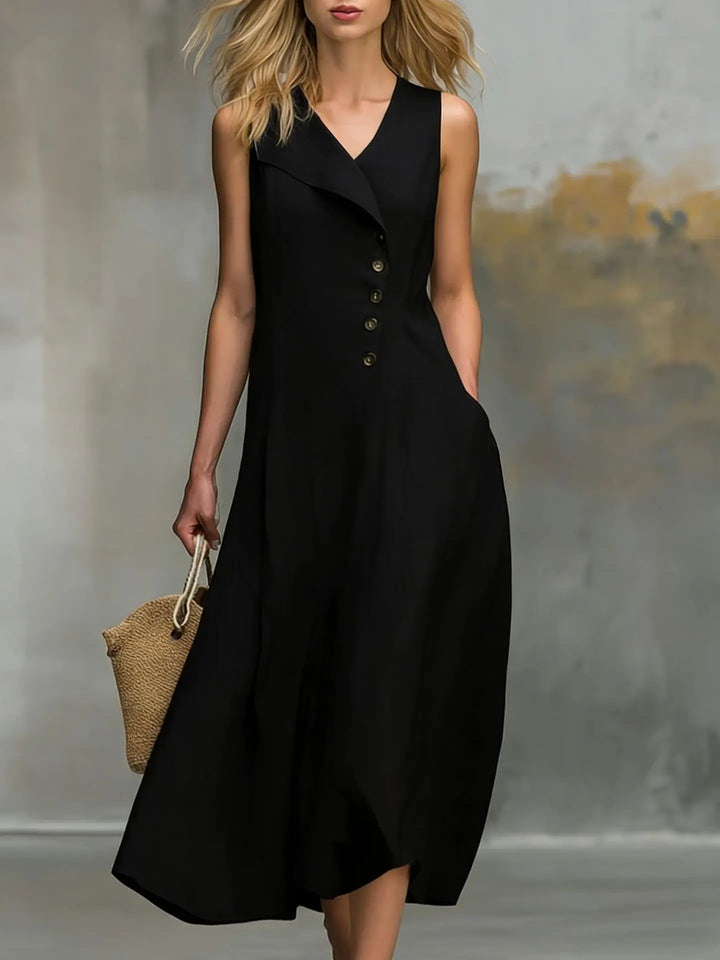 Effortless style in this women's flowy midi dress with elegant button detail, V-neck, and relaxed fit. Casual fashion.