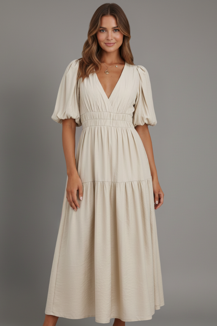 Elegant V-neck tiered midi dress for women. Flowy summer & spring fashion, suitable for casual or formal.