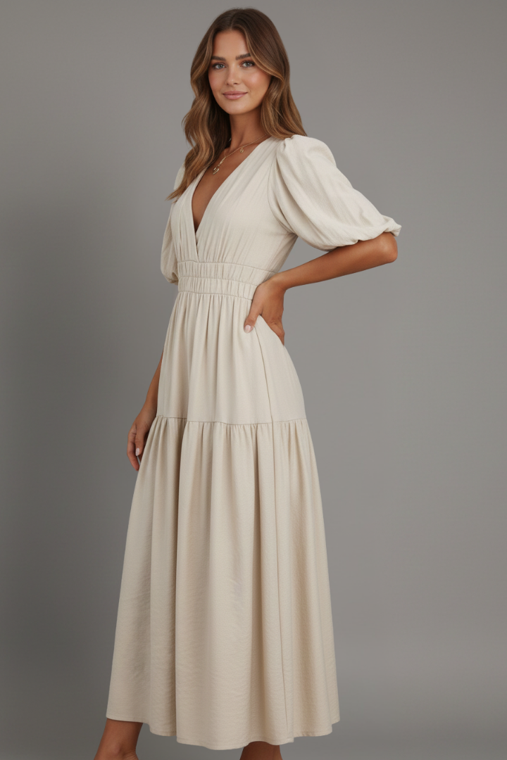 Stylish women's flowy midi dress featuring a V-neckline and chic tiered hem detail, versatile for any occasion.