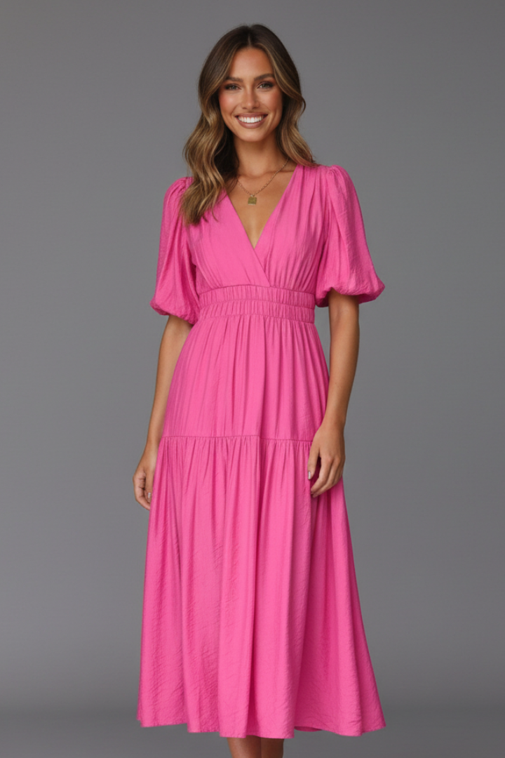 Beautiful women's midi dress. Flowy fabric, V-neck, & tiered hem create an elegant, comfortable look.