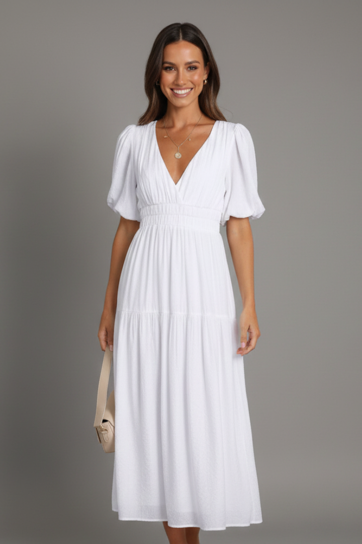 Fashionable women's flowy V-neck midi dress with tiered hem, offering comfort & style for spring/summer.