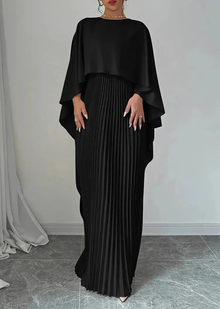 Chic & elegant flowy pleated evening gown with a graceful cape overlay. Perfect women's formal dress for special occasions.