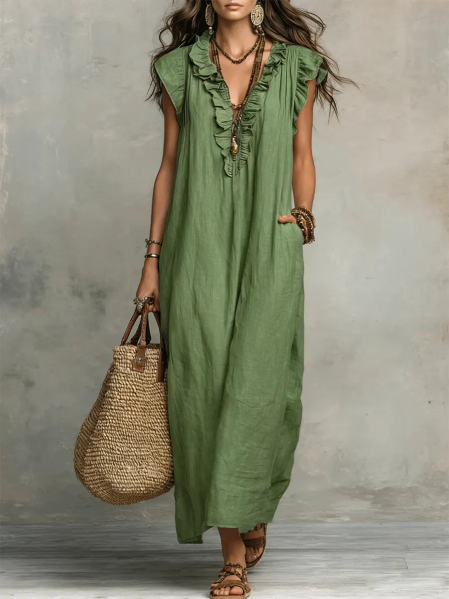 Casual women's boho summer maxi dress, V-neck, flutter sleeves, ruffles & pockets detail.
