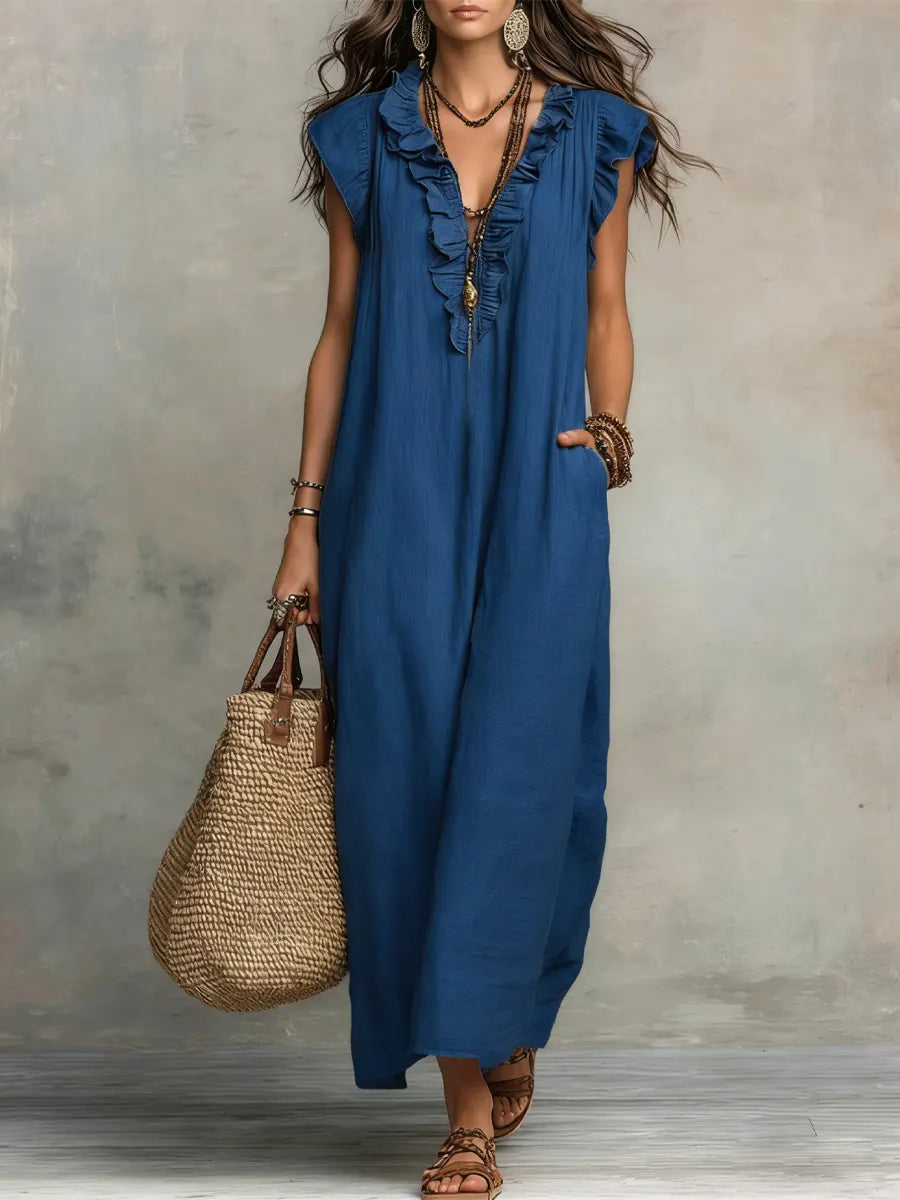 Stylish women's flowy V-neck maxi dress featuring delicate ruffles and chic flutter sleeves.