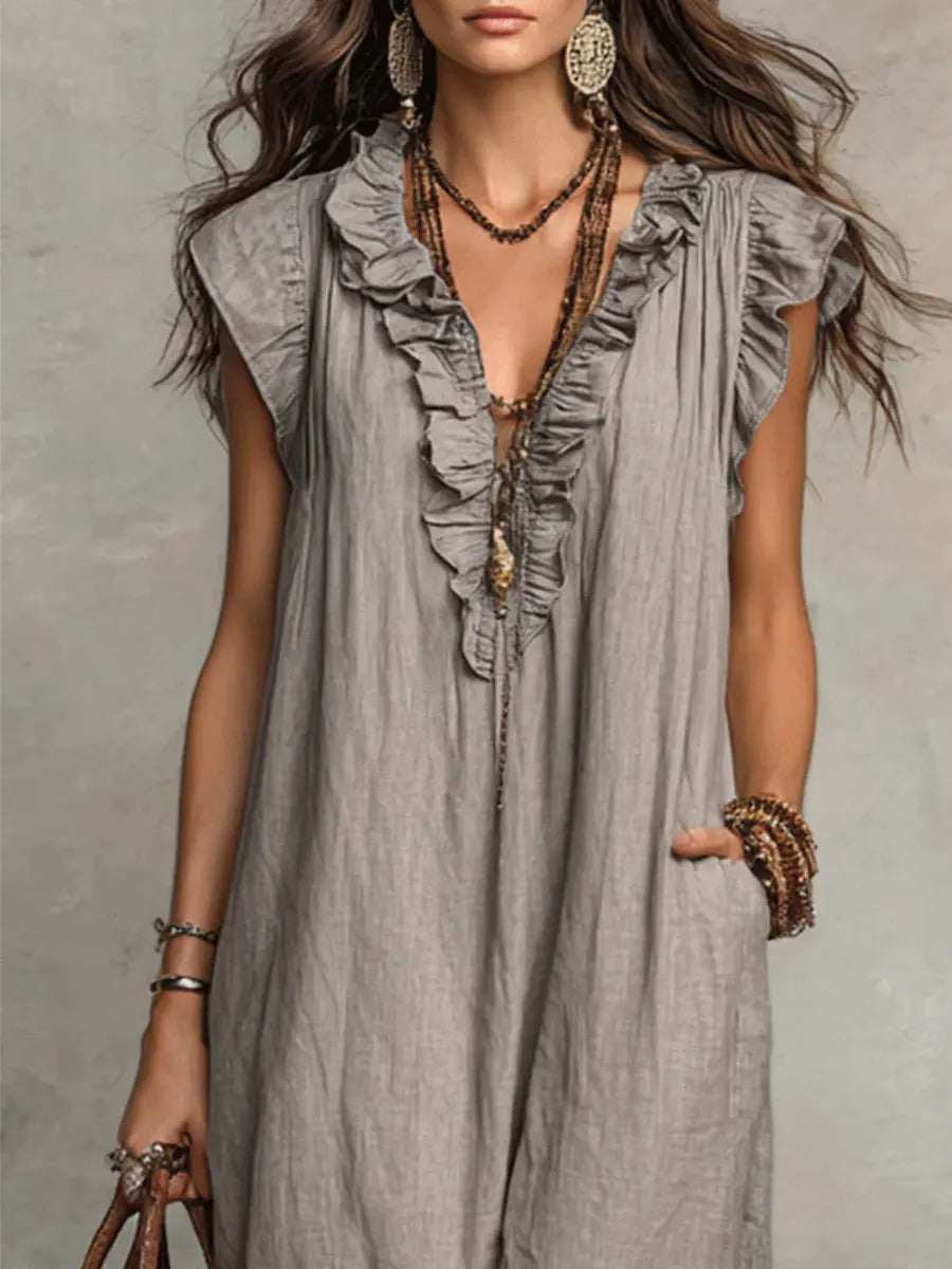 Women's V-neck ruffle maxi dress, flowy fit, graceful flutter sleeves, a perfect summer staple.