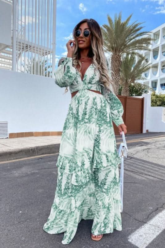 Colorful women's flowy summer maxi dress, ideal for vacation wear, resort, and casual day outings.