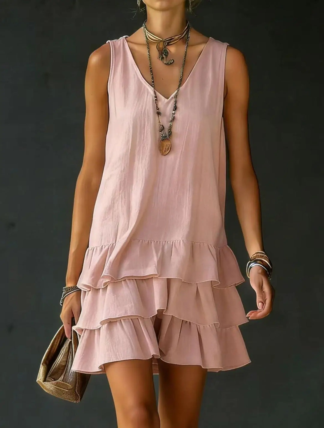 Women's flowy tiered ruffle mini dress with V-neck, perfect for casual summer wear or vacation.