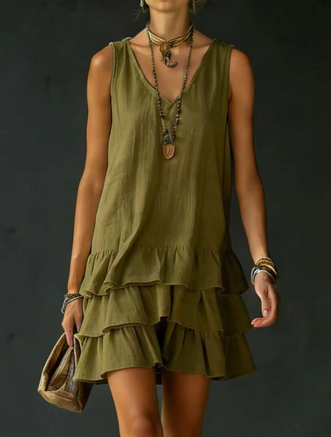Trendy women's V-neck flowy mini dress with tiered ruffles, a chic sleeveless choice for summer fashion.