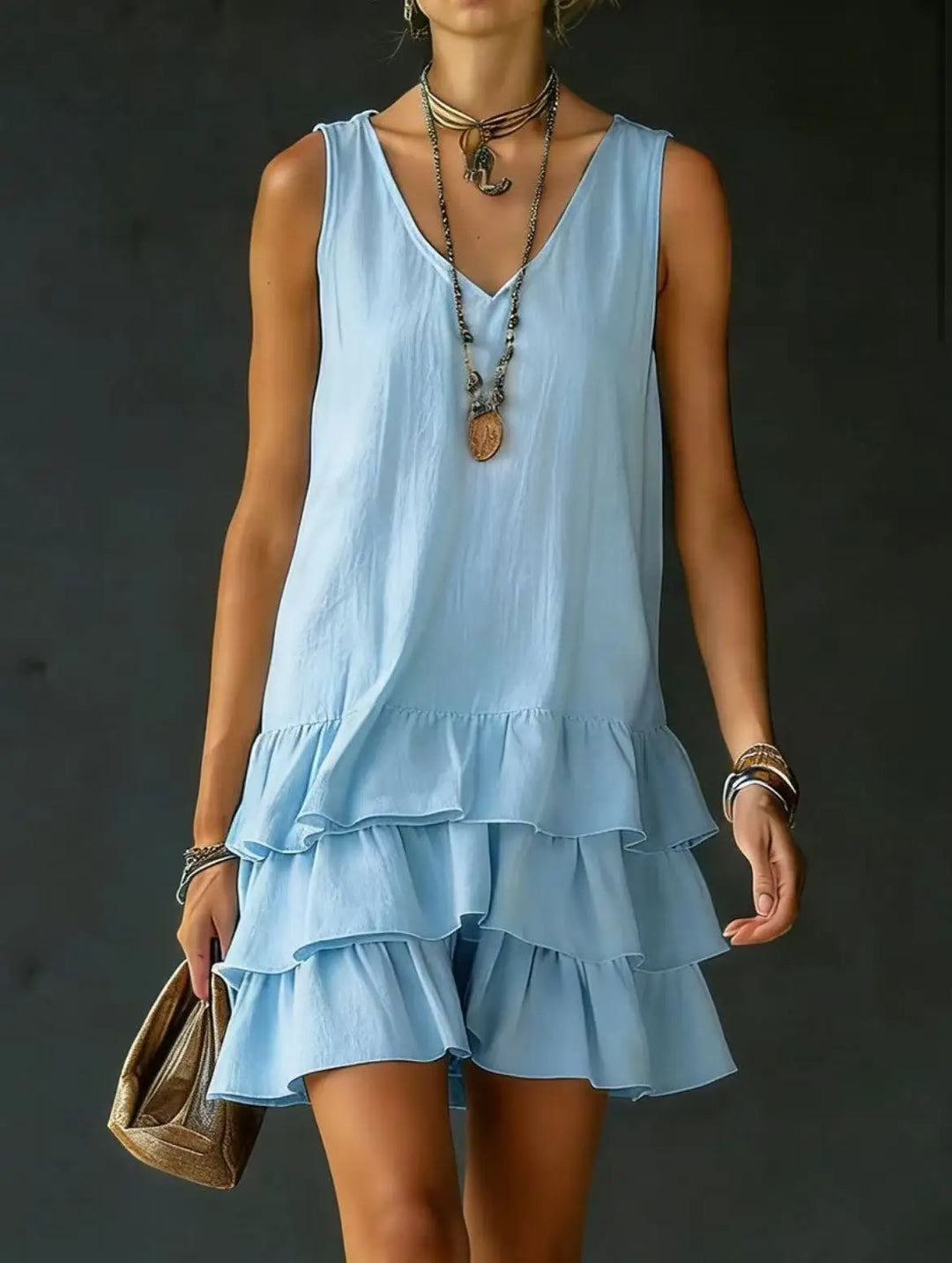 Flowy women's mini dress with tiered ruffles and a V-neck, a comfortable sleeveless design for warm weather.