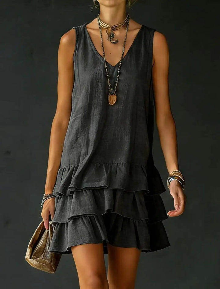 Women's tiered ruffle V-neck mini dress, a perfect sleeveless beach outfit or comfortable vacation wear.