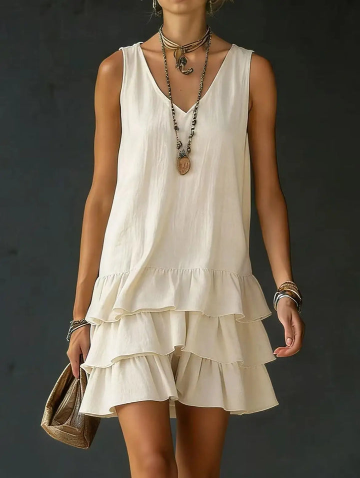 Casual women's flowy V-neck mini dress with tiered ruffles, offering comfortable sleeveless style for summer.
