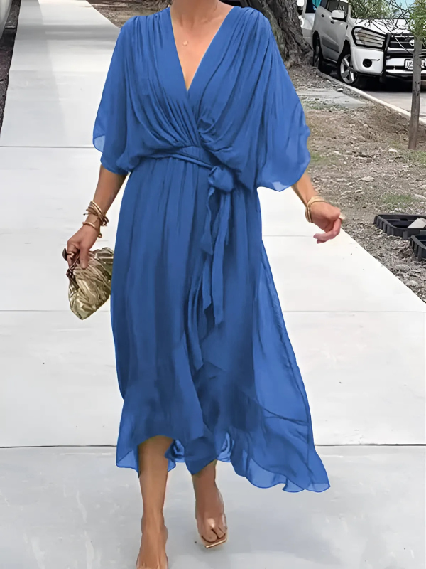 Chic women's flowy V-neck long dress with belt, perfect for casual elegance.