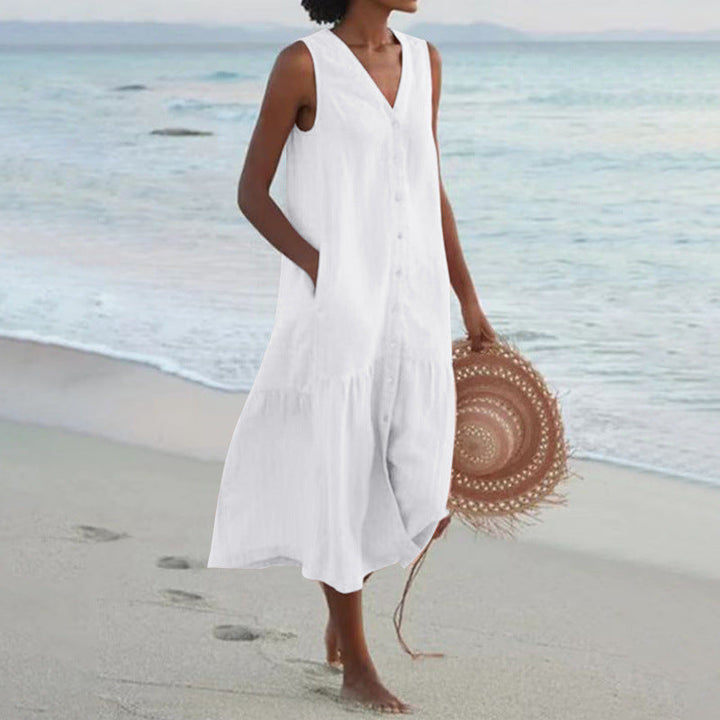 Elegant women's sleeveless V-neck midi dress with tiered skirt and functional button front, ideal for summer.
