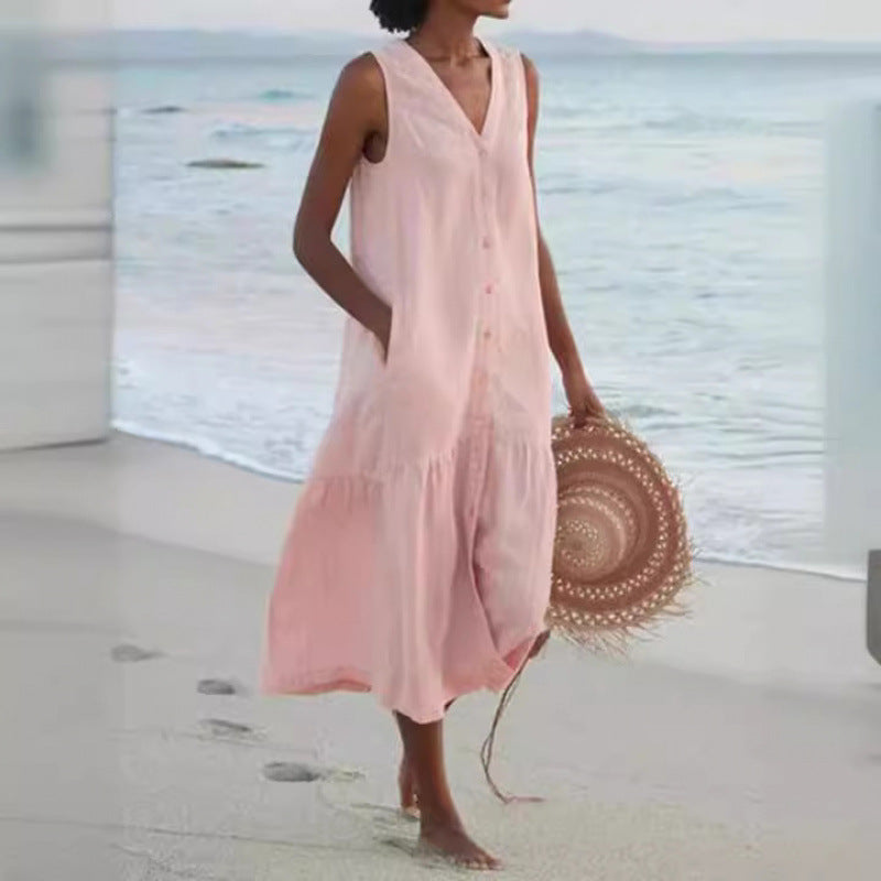 Casual women's tiered V-neck summer midi dress, button front, perfect for beach days, travel, and warm weather.