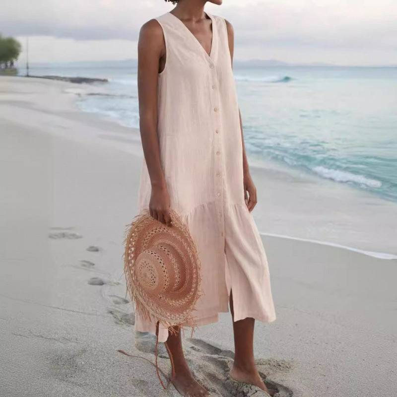 Lightweight women's sleeveless V-neck tiered midi dress with button front, great for a comfortable summer style.