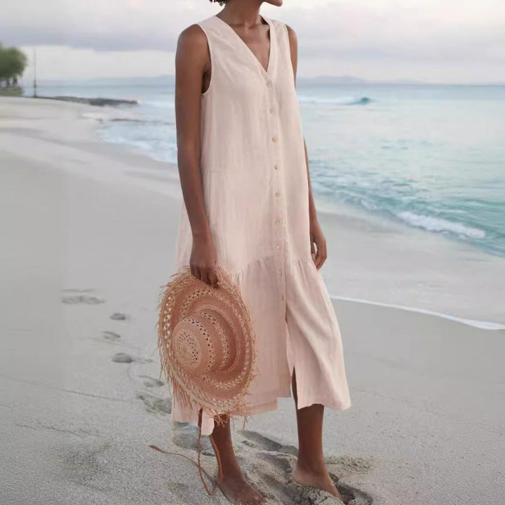 Lightweight women's sleeveless V-neck tiered midi dress with button front, great for a comfortable summer style.