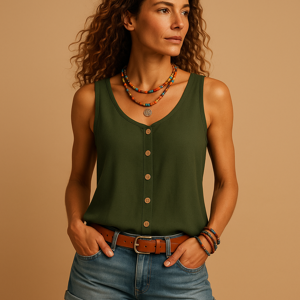 Women's flowy V-neck sleeveless button-down top, perfect for casual summer wear.