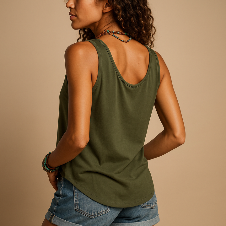 Relaxed fit flowy V-neck top for women, a stylish sleeveless button-down for warm weather.