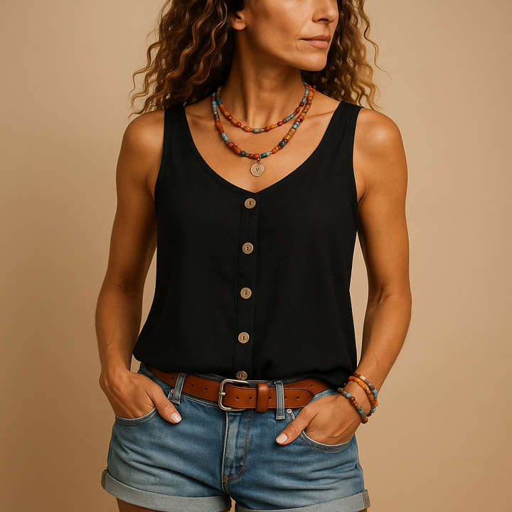 Stylish women's flowy V-neck sleeveless top. Button-down front, relaxed fit for summer fashion.