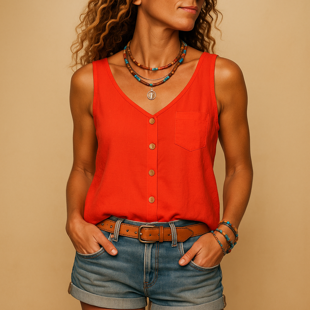 Elegant flowy V-neck sleeveless top for women. Button-down, relaxed fit, perfect for warm weather style.