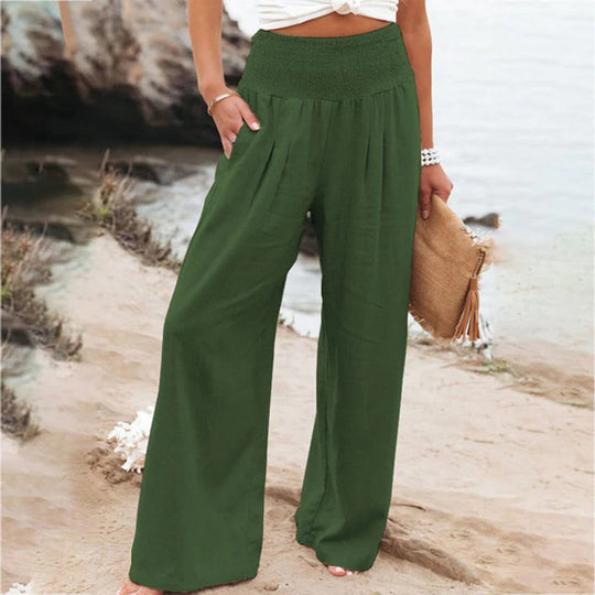 Casual women's wide leg summer pants, relaxed fit, elastic waist, ideal for versatile summer fashion.