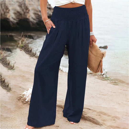 Close-up of women's flowy wide leg summer pants fabric, highlighting soft texture and quality for comfort.