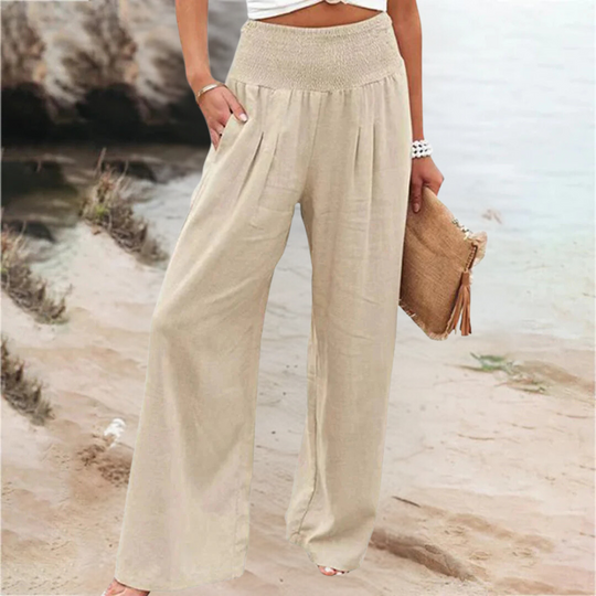 Stylish outfit with women's flowy wide leg summer pants, comfortable elastic waist, and versatile design.