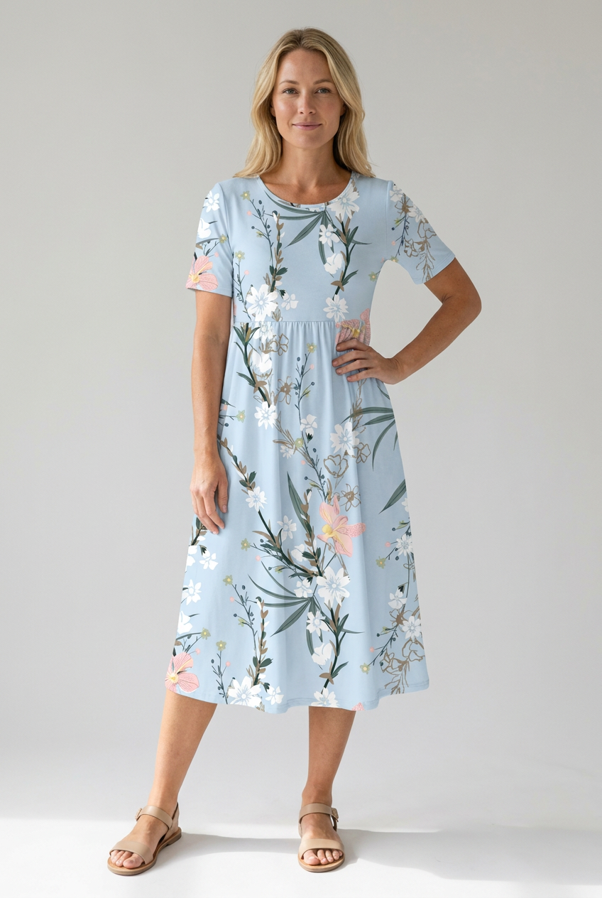 Breezy women's short sleeve floral midi dress, A-line cut and round neck for spring/summer style.