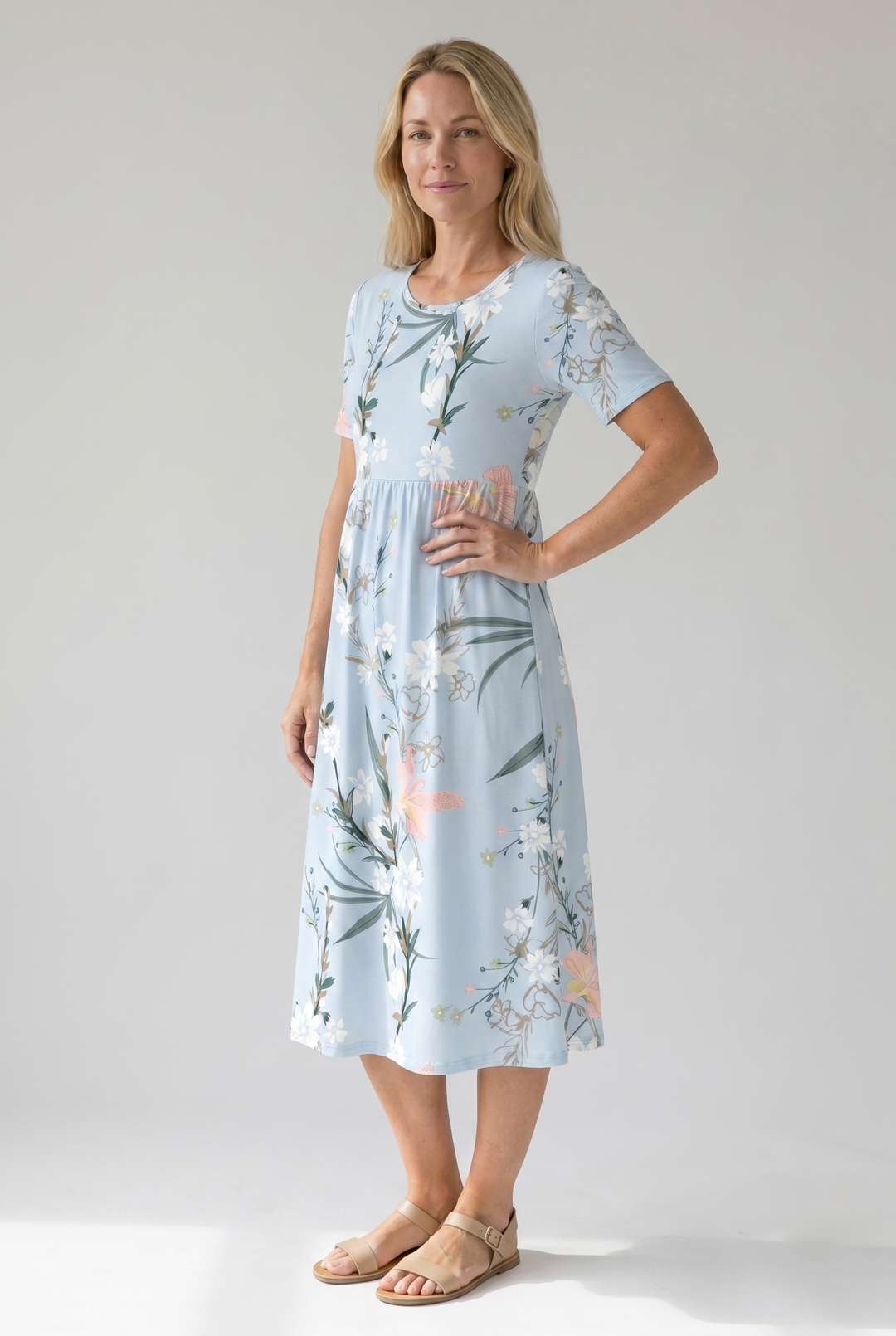 Elegant women's floral print midi A-line dress with round neck, ideal for summer day wear.