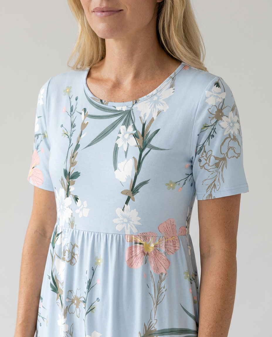 Fresh floral print midi dress for women, A-line, round neck, short sleeve. Great for spring fashion.
