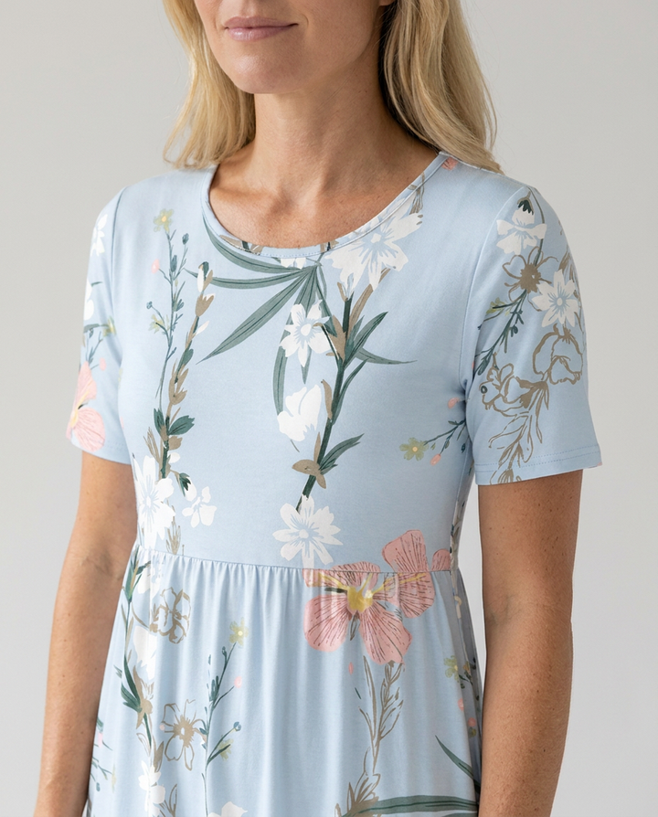 Fresh floral print midi dress for women, A-line, round neck, short sleeve. Great for spring fashion.