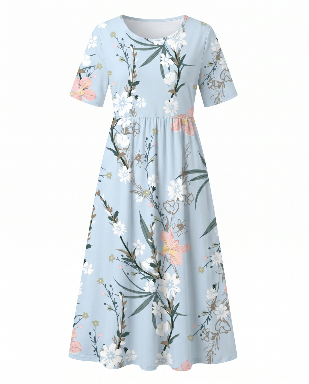 Women's round neck floral midi dress, A-line cut, short sleeves for a breezy summer look.