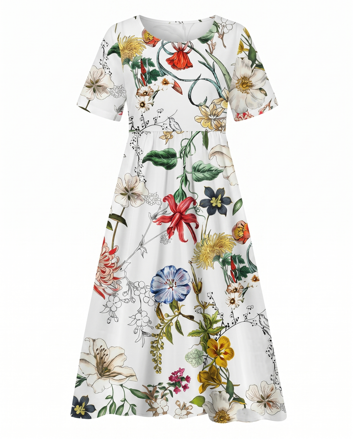 Stylish women's floral A-line midi dress with a round neck and short sleeves. Perfect for casual wear.