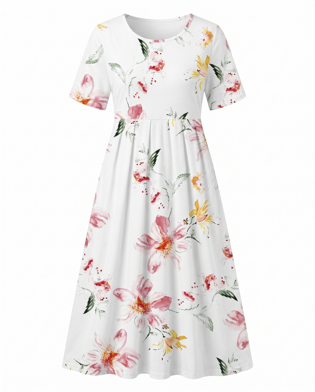 Chic women's floral print day dress, midi length A-line with round neck and short sleeves.