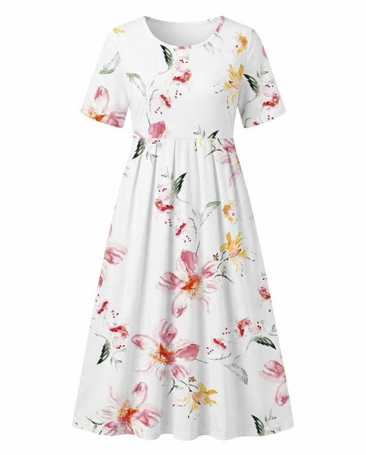 Chic women's floral print day dress, midi length A-line with round neck and short sleeves.