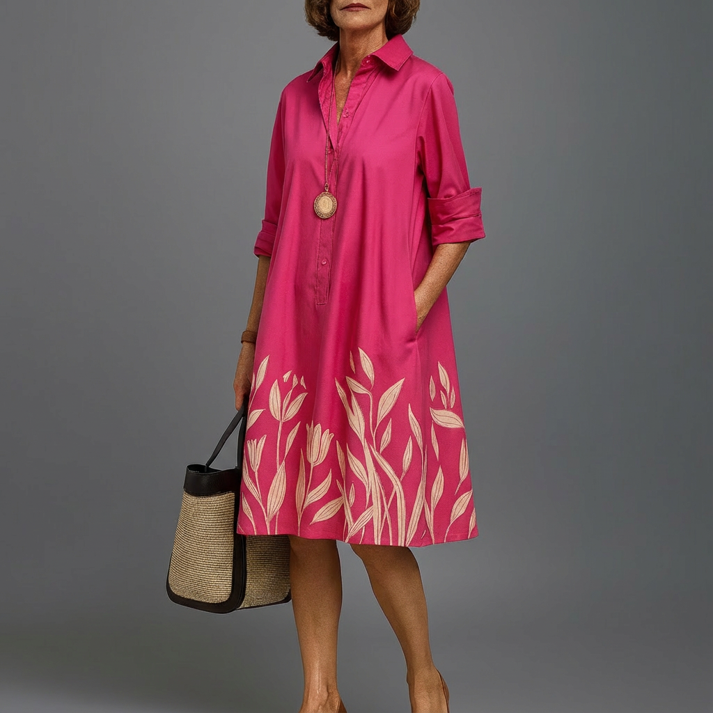 Women's fuchsia floral print midi dress. Elegant button-down shirt dress with relaxed fit, perfect for summer or occasions.