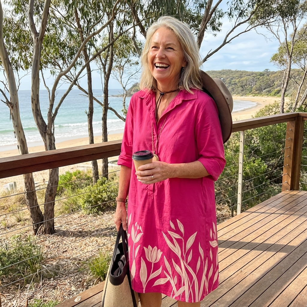 Luxe fuchsia floral midi dress for women. Versatile elegant shirt dress, ideal for summer, day events, or evening wear.