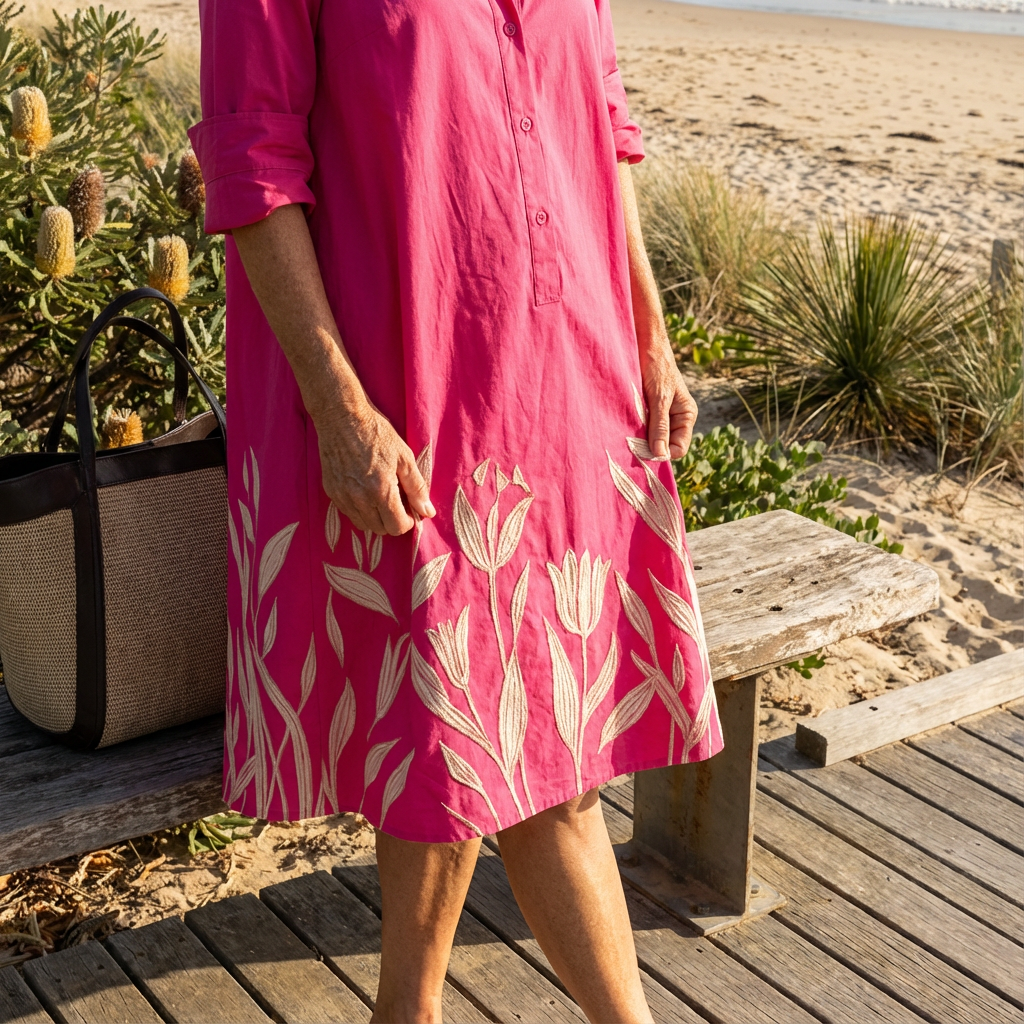 Effortless fuchsia floral print women's midi dress. Modest button-down design, relaxed fit for ultimate comfort & style.